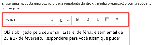 Mensagem de respostas automáticas do Outlook na Web