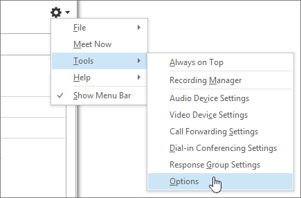 Opções de Ferramentas no Menu de Opções do Skype