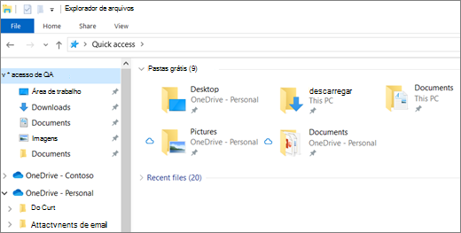 Explorador de Ficheiros no Windows 10 com pastas de Ambiente de Trabalho, Documentos e Imagens no OneDrive