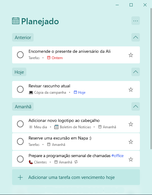 Lista inteligente planejada com tarefas organizadas por Anterior, Hoje e Amanhã