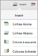 menu Inserir tabela do iPad