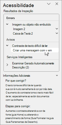 Painel de acessibilidade com resultados de inspeção