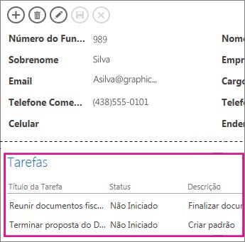 Uma exibição de um aplicativo do Access com tarefas sendo mostradas em um Controle de Itens Relacionados.