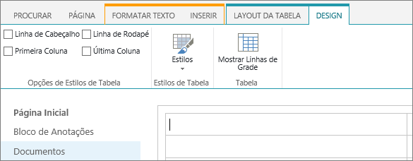 Captura de tela da faixa de opções do SharePoint Online. Use a guia Design para marcar as caixas de seleção para a linha do cabeçalho, a linha de rodapé, a primeira coluna e a última coluna em uma tabela e faça uma seleção na tabela de estilos e indique se a tabela utiliza linhas de grade.