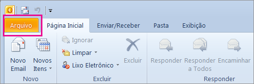 No Outlook 2010, escolha a guia Arquivo.