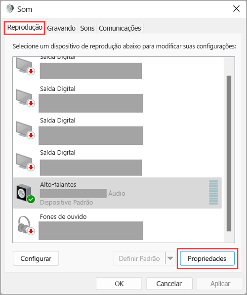 Acesse as propriedades do dispositivo de saída de áudio nas Configurações de Som do Windows 11.