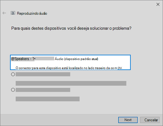 escolha seu dispositivo na solução de problemas de áudio