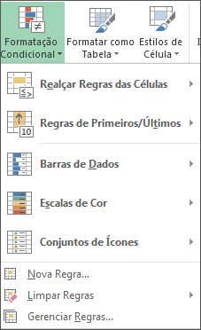 Menu Formatação Condicional com Gerenciar Regras realçado