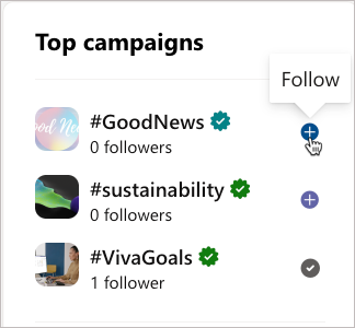 Siga uma campanha para obter notícias de campanha no seu feed.