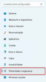 Onde encontrar configurações de privacidade no Windows 11.