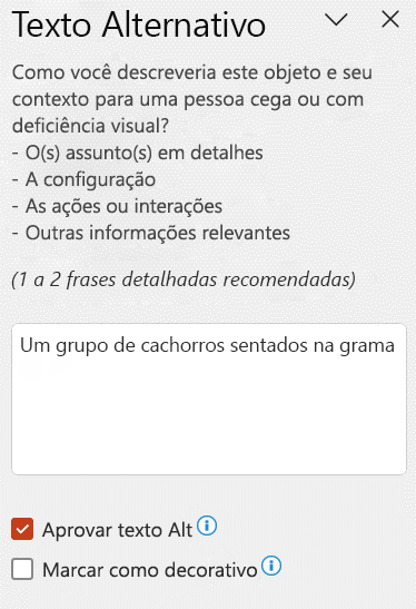 Texto alternativo automático mostrado no painel Texto Alternativo com a caixa de seleção Aprovar texto alternativo selecionada.