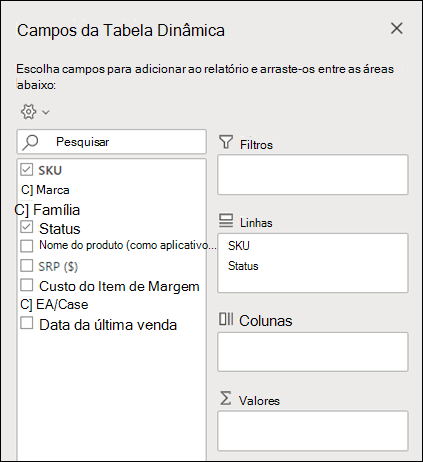 Campos de Tabela Dinâmica no Excel para a Web