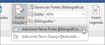 Aponte para Inserir Citação e escolha Adicionar Nova Fonte