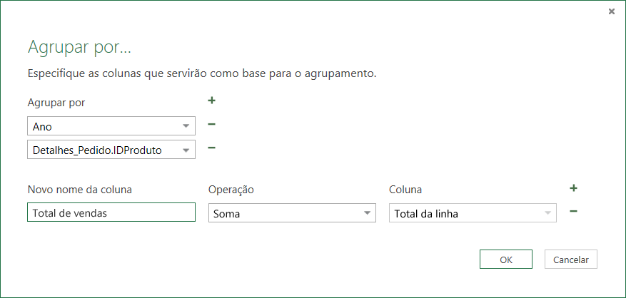 Caixa de diálogo Agrupar por para Operações de Agregação