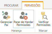 O controlo de permissões de lista/biblioteca a mostrar o botão Parar de Herdar Permissões