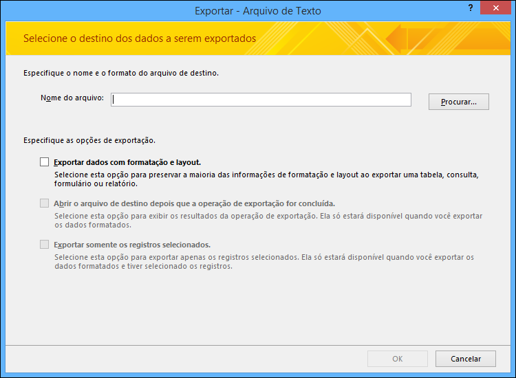 Selecione as opções de exportação na caixa de diálogo Exportar Arquivo de Texto.