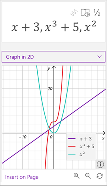 captura de tela do assistente de matemática gerado grafo de três equações, x mais 3 em roxo, x para o terceiro mais 5 em vermelho e x ao quadrado em verde.