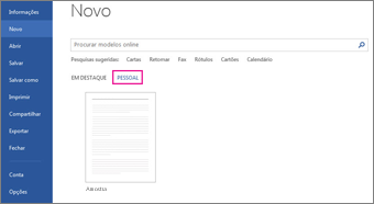 Guia Pessoal mostrando seu modelo personalizado depois de você clicar em Arquivo > Novo