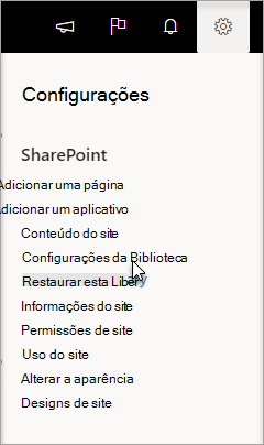 Menu Configurações com Configurações de Biblioteca selecionadas