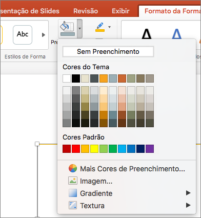 A captura de tela mostra as opções disponíveis no menu Preenchimento da Forma, incluindo Sem Preenchimento, Cores de Tema, Cores Padrão, Mais Cores de Preenchimento, Imagem, Gradiente e Textura.