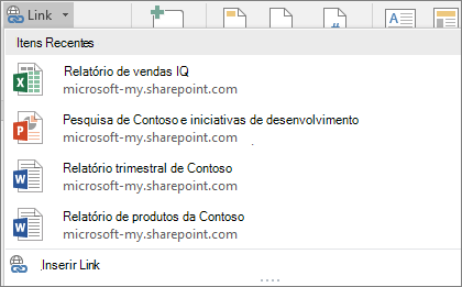 A Galeria de Links permite que você escolha entre arquivos recentes do Office em que trabalhou para inserir um link no documento atual.