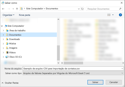 Ao baixar o exemplo de arquivo .csv, salve-o no seu computador como o tipo .csv.