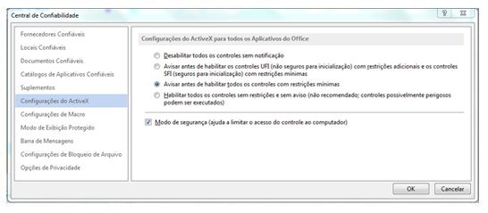 Área Configurações do ActiveX da Central de Confiabilidade