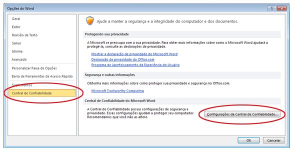 Opções do Word mostrando as configurações da Central de Confiabilidade