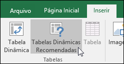 Vá até Inserir > Tabelas Dinâmicas Recomendadas para fazer o Excel criar uma Tabela Dinâmica para você