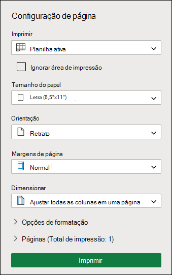 Tela de configuração de impressão