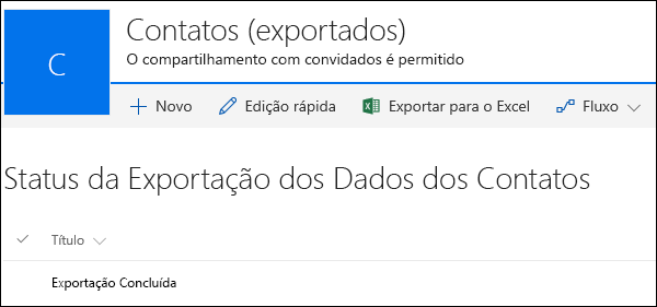 Lista do SharePoint com registro intitulado Exportação Concluída