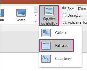 Mostra o menu Opções de Efeito da Transição Transformar com a opção Palavras selecionada.
