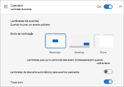 Captura de tela das configurações de lembrete de eventos do Calendário