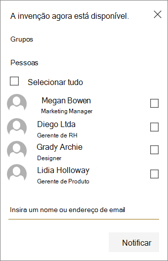 Menu para selecionar quais grupos e/ou membros notificar sobre o novo upload no SharePoint