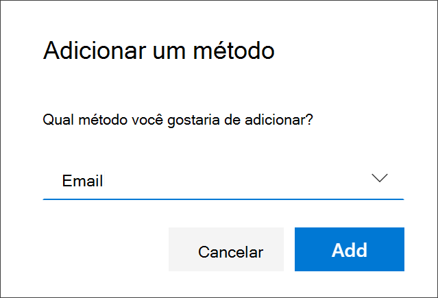 Caixa Adicionar método, com email selecionado