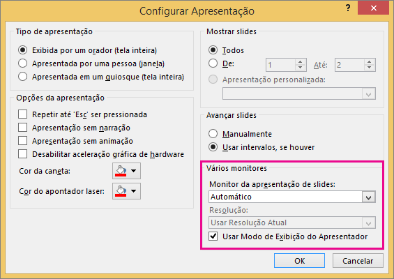 Opções de Monitor na caixa de diálogo Configurar Apresentação