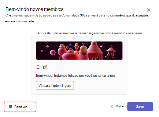 Captura de ecrã do botão remover para eliminar uma mensagem de bot de comunidade no Microsoft Teams.