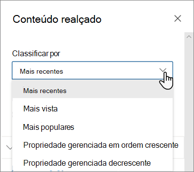 As opções Classificar por para a Web Part de Conteúdo Realçado na experiência moderna do SharePoint