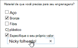 Pergunta de pesquisa com especifique seu próprio valor