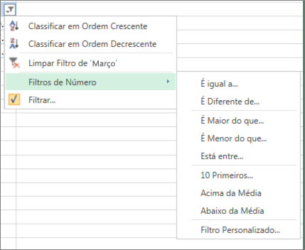 as opções de filtragem personalizada disponíveis para valores numéricos.