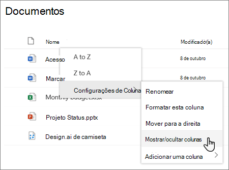 A opção Configurações de coluna > Mostrar/ocultar colunas quando um título de coluna é selecionado em uma lista ou biblioteca moderna do SharePoint