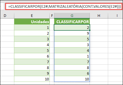 Use CLASSIFICARPOR com RANDARRAY e CONT.VALORES. Neste caso, E2# faz referência ao intervalo inteiro, começando na célula E2, como o que foi preenchido usando =SEQUÊNCIA(10). O operador # é chamado de operador de intervalo despejado.