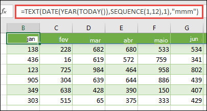 Use uma combinação das funções TEXTO, DATA, ANO, HOJE e SEQUÊNCIA para criar uma lista dinâmica de 12 meses