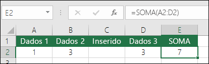 O exemplo retrata uma fórmula de SOMA expandindo automaticamente de =SOMA(A2:C2) para =SOMA(A2:D2) quando uma coluna foi inserida