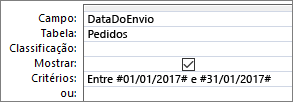 Uma expressão na linha Critérios da grade de consulta