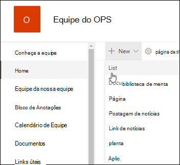 Nova lista do SharePoint