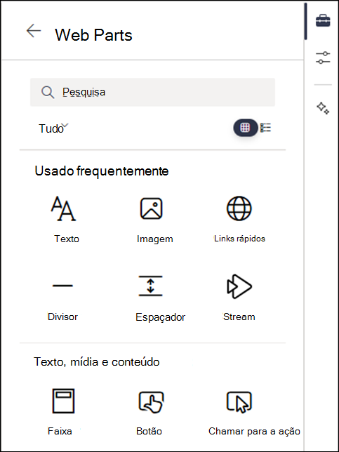 Peças Web listadas no nível 2 da caixa de ferramentas