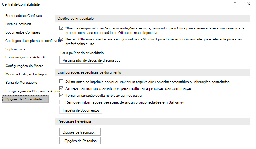 As Opções de Privacidade do Centro de Confiança do Office