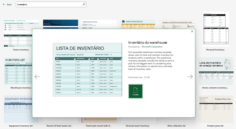 Versão prévia do modelo de inventário do Warehouse no Microsoft Excel