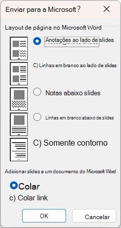 Caixa de diálogo Enviar para o Microsoft Word